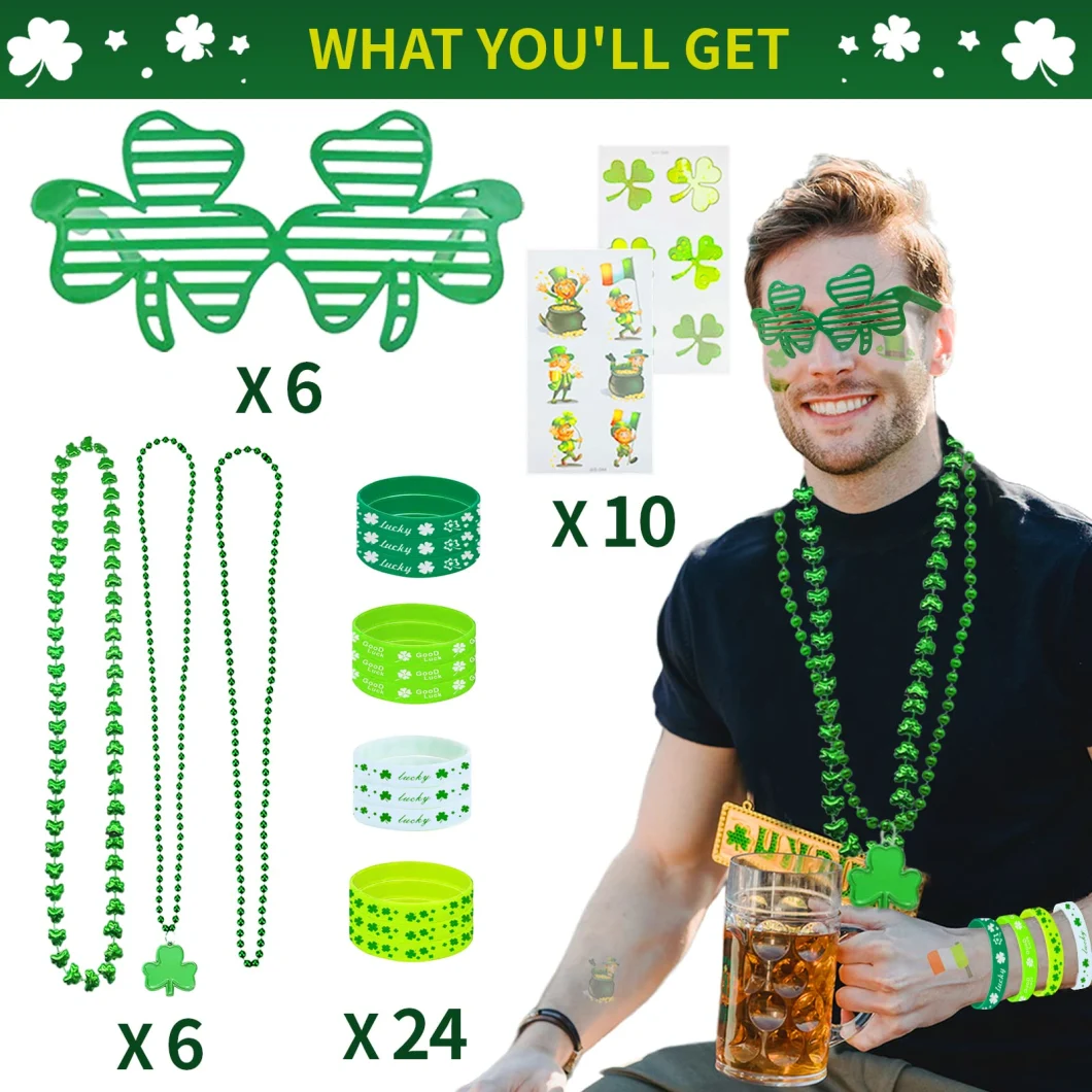 St. Patricks Day Party Favors Set Shamrock Glasses Necklaces Bracelets Tattoos St. Patrick&prime; S Day Accessories Decorations Supplies